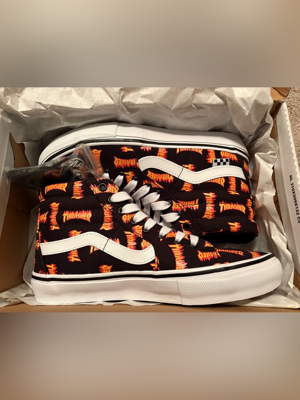 Vans Kids Black Canvas Sneakers with White Stripe and Red-Orange Flame Print